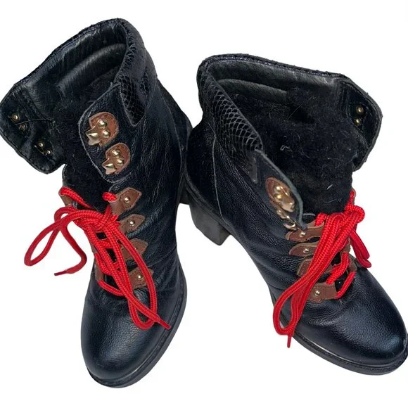 aldo black pony calf hair red lace worn Heeled Hiking Ski Bunny boots 9.5 - Picture 2 of 12